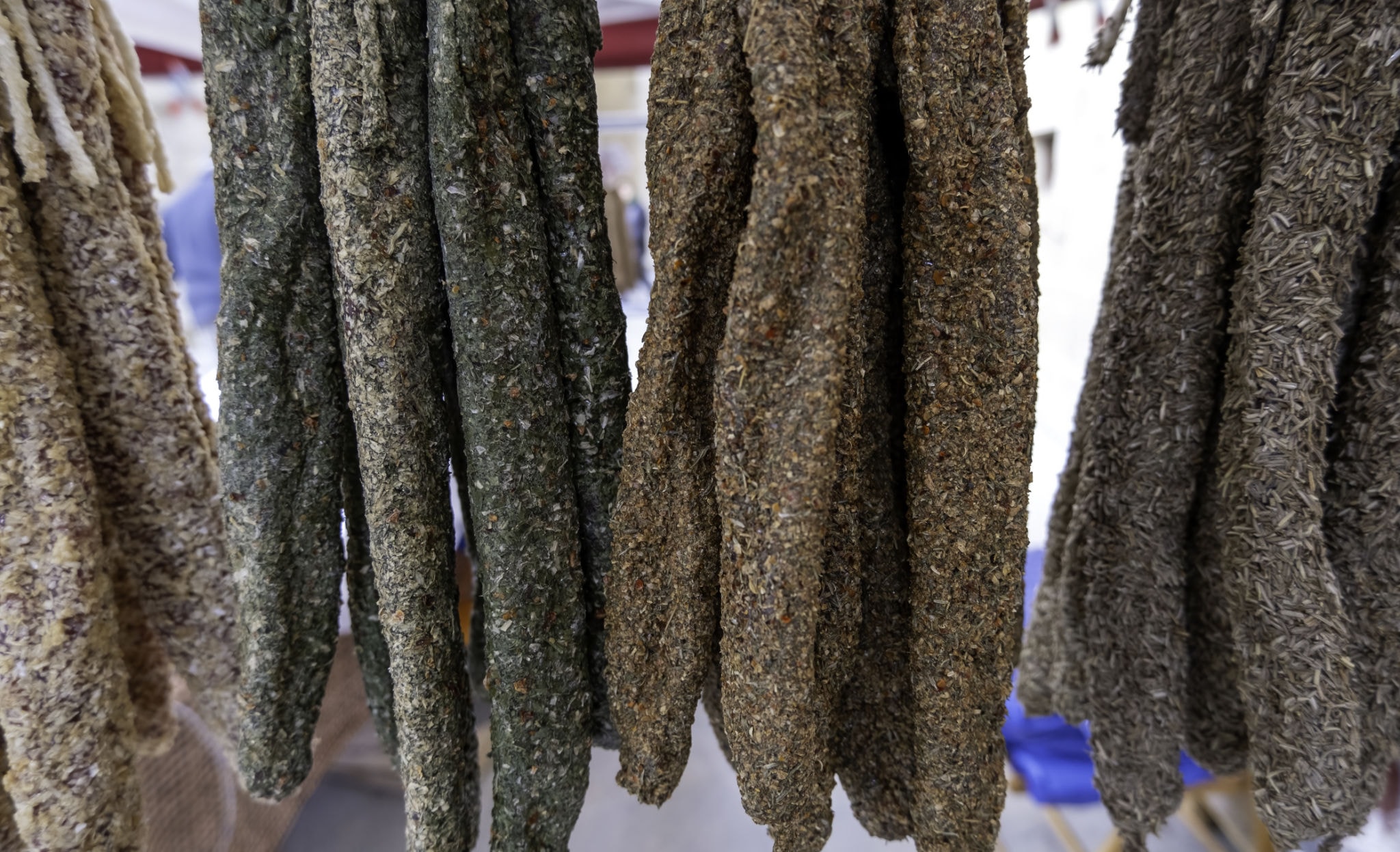 Hanging strips of traditionally seasoned biltong